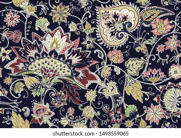 Seamless floral pattern in oriental paisley style. Stylized textile background in the traditions of Turkey, Iran. Buta or Turkish Cucumber.