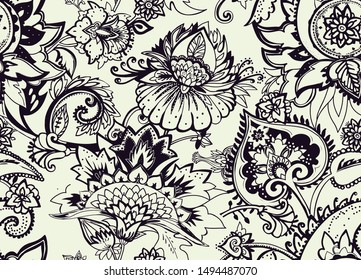 Seamless floral pattern in oriental paisley style. Stylized textile background in the traditions of Turkey, Iran. Buta or Turkish Cucumber.