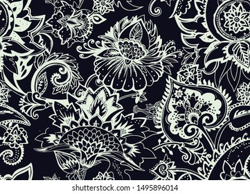 Decoración floral sin inconvenientes en estilo cachemir oriental. Estilizado fondo textil en las tradiciones de Turquía, Irán. Buta o pepino turco.