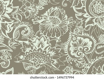 Seamless floral pattern in oriental paisley style. Stylized textile background in the traditions of Turkey, Iran. Buta or Turkish Cucumber.