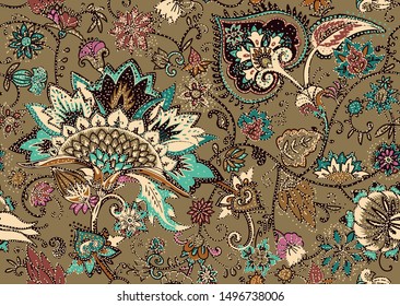 Seamless floral pattern in oriental paisley style. Stylized textile background in the traditions of Turkey, Iran. Buta or Turkish Cucumber.