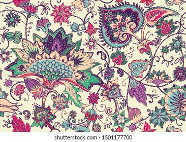 Seamless floral pattern in oriental paisley style. Stylized textile background in the traditions of Turkey, Iran. Buta or Turkish Cucumber.