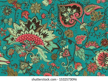 Seamless floral pattern in oriental paisley style. Stylized textile background in the traditions of Turkey, Iran. Buta or Turkish Cucumber.