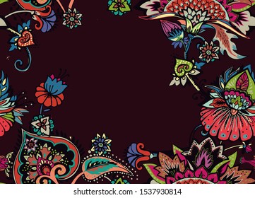 Seamless floral pattern in oriental paisley style. Stylized textile background in the traditions of Turkey, Iran. Border, frame, edging, framing