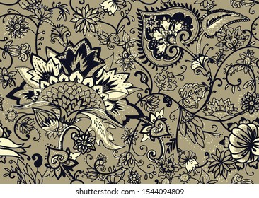 Seamless floral pattern in oriental paisley style. Stylized textile background in the traditions of Turkey, Iran. Buta or Turkish Cucumber.