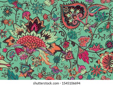 Seamless floral pattern in oriental paisley style. Stylized textile background in the traditions of Turkey, Iran. Buta or Turkish Cucumber.