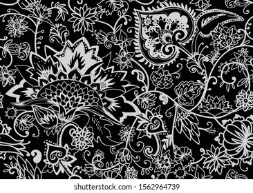 Seamless floral pattern in oriental paisley style. Stylized textile background in the traditions of Turkey, Iran. Buta or Turkish Cucumber.