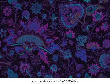 Seamless floral pattern in oriental paisley style. Stylized textile background in the traditions of Turkey, Iran. Buta or Turkish Cucumber.