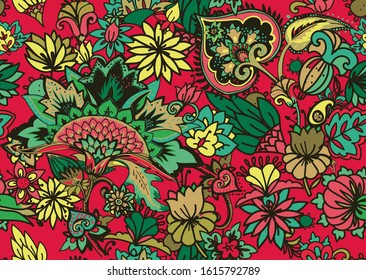Seamless floral pattern in oriental paisley style. Stylized textile background in the traditions of Turkey, Iran. Buta or Turkish Cucumber.