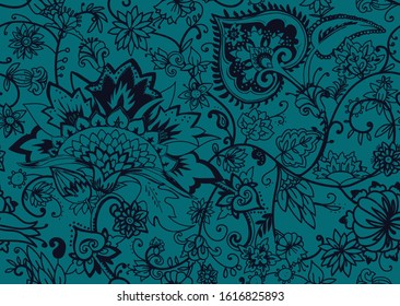 Seamless floral pattern in oriental paisley style. Stylized textile background in the traditions of Turkey, Iran. Buta or Turkish Cucumber.