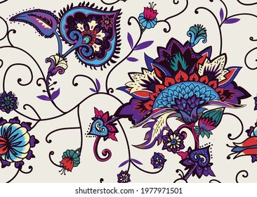 Seamless floral pattern in oriental paisley style. Stylized textile background in the traditions of Turkey, Iran. Buta or Turkish Cucumber.