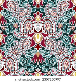 Nahtlose Blumenmuster im orientalischen Paisley-Stil. Stilvolle Textilhintergründe in den Traditionen der Türkei, des Iran, Indiens und Elemente auf Farbhintergrund.