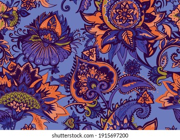 Seamless floral pattern in oriental style. Traditional paisley motifs. Textiles and wallpaper.