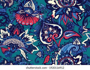 Seamless floral pattern in oriental style. Traditional paisley motifs. Textiles and wallpaper.