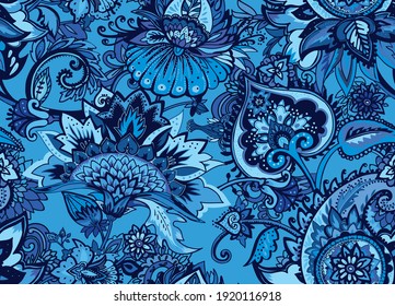 Seamless floral pattern in oriental style. Traditional paisley motifs. Textiles and wallpaper.