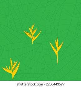 Seamless floral pattern in oriental style. Exotic leaves with heliconia flowers on a light background. Vector illustration