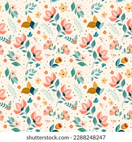 Seamless floral pattern ornament of hand-drawn abstract flowers and leaves. Vector summer spring background trend colors. Design for printing, fabric, greeting card, textiles, paper, wallpaper.