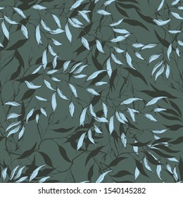 Seamless floral pattern. Ornament of leaves on a green background. Endless textile ornament for fabrics, tiles and paper and wallpaper on the wall.