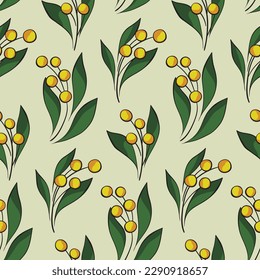 Patrón floral sin foco, adornado con pequeñas plantas de arte de líneas simples. Impresión botánica con motivos vintage, diseño con flores dibujadas a mano - bayas, hojas sobre un fondo claro. Ilustración vectorial.