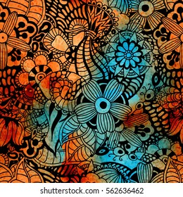 Seamless floral pattern. Ornament in style zentangl. Grunge watercolor texture. Handmade. Blue, black and orange colors. Vector illustration.