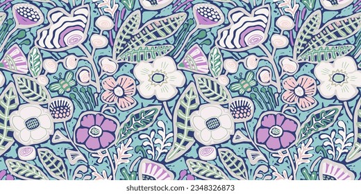 
Nahtlose Blumenmuster. Zierhintergrund mit stylisierten Blumen und Blättern.