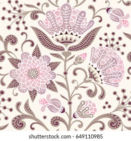 Seamless floral pattern. Ornamental background with flowers and leaves. Vector design.