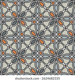 Seamless floral pattern with an ornamental grid of geometric orange and grey flowers and leaves outlined with a black stroke on a light grey background. Modern Islamic style. Vector illustration.