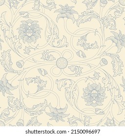 Seamless Floral Pattern With Ornamental, Indian Lotus Flowers, Buds And Leaves In Blue Lines On A Off White Background