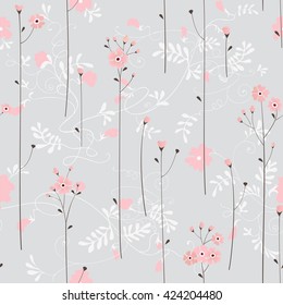 Seamless floral pattern. Ornamental texture with flowers, branches and leaves. Vector pink and gray background.