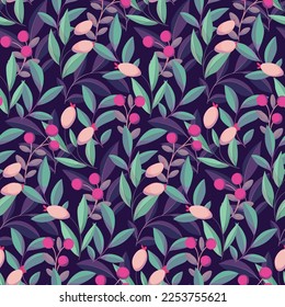 Seamless floral pattern, ornate botanical design with small berries and dense foliage. Cute natural print with hand drawn wild plants: berries, leaves, twigs in purple colors. Vector illustration.