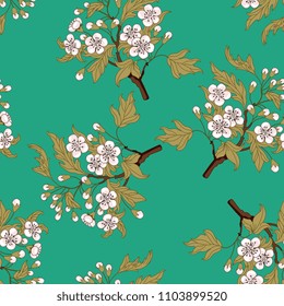 Seamless floral pattern with ornate branches of hawthorn blossom.