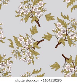 Seamless floral pattern with ornate branches of hawthorn blossom.