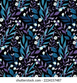 Seamless floral pattern, ornate ditsy print with fantasy winter garden on dark background. Pretty flower design with hand drawn wild plants: small flowers, twigs, herbs, leaves. Vector illustration.