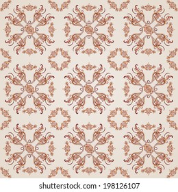 Seamless floral pattern with ornate elements in brown and rose pink shades
