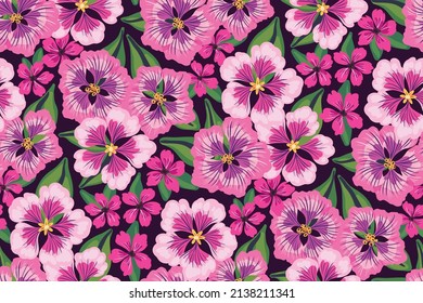 Seamless floral pattern with ornate floral meadow. Summer botanical print with large pink flowers, succulent leaves on a dark field. Floral background with hand drawn plants. Vector illustration.