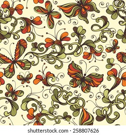 Seamless floral pattern. Ornate nature background with floral elements and butterflies. 