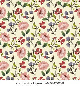 Seamless floral pattern, ornate vintage flower print. Elegant, classic botanical design: ornamental garden, hand drawn small flowers, large leaves in an abstract composition. Vector illustration.