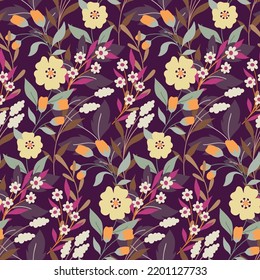 
Patrón floral sin foco con prado de invierno ornamentado, composición abstracta de plantas silvestres. Diseño moderno fondo botánico con flores pequeñas en ramas, hojas, hierbas en oscuridad. Ilustración vectorial.