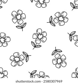 Seamless floral pattern outline doodle illustration with heart-shaped flowers

