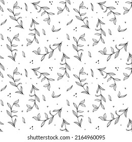 Seamless floral pattern with outline leaves hand drawn. Black and white vector illustration. Modern art for posters, social networks, fabrics, covers, wrapping paper, postcards, invitations, ect