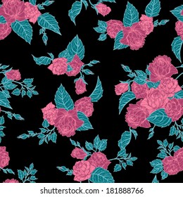 Seamless floral pattern with of outline pink roses. Vector background.