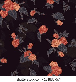 Seamless floral pattern with of outline roses. Vector background.