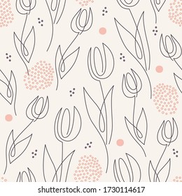 Seamless floral pattern with outline tulips and dots on beige background. Abstract contemporary modern trendy vector illustration. Perfect for wallpaper, gift paper and textile