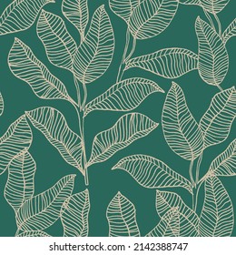 Seamless floral pattern with outlined banana leaves. Hand drawn jangle foliage texture. Vector illustration