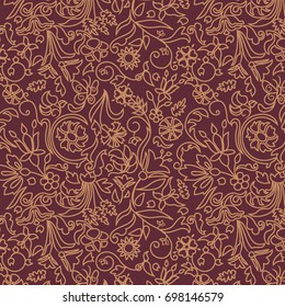 Seamless Floral Pattern with outlines / Gold on Maroon Red Background / Global colors saved with Pattern Swatches