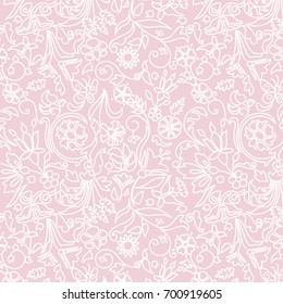 Seamless Floral Pattern with outlines/ White Outlines on Pink Background / Global colors saved with Pattern Swatches