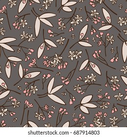 Seamless floral pattern over dark background.  Small cute simple elegant flowers. Design for wrapping, fabric, cosmetics, package tea, natural and organic product