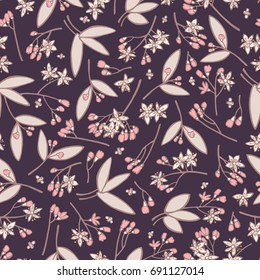 Seamless floral pattern over dark background.  Small cute simple elegant flowers. Design for wrapping, fabric, cosmetics, package tea, natural and organic product
