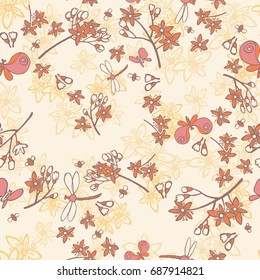 Seamless floral pattern over light  background.  Small cute simple elegant flowers and insects. Design for wrapping, fabric, cosmetics, package tea, natural and organic product