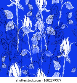 Seamless floral pattern.
Overlay of white and black roses and leaves on a dark blue background. Use for printing wallpapers, backgrounds, fabrics, packaging, postcards.